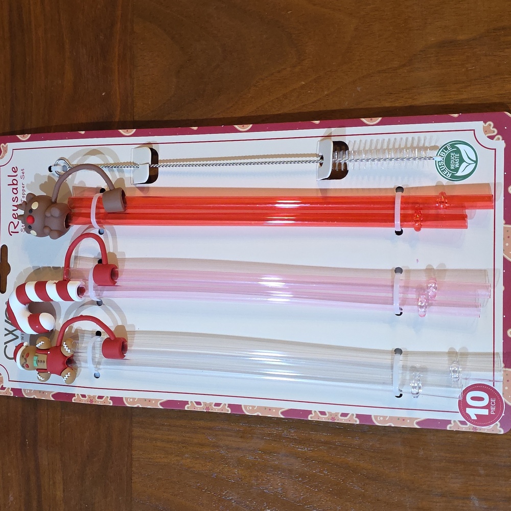 10 PC Christmas Themed Reusable Straw And Topper Set NWT